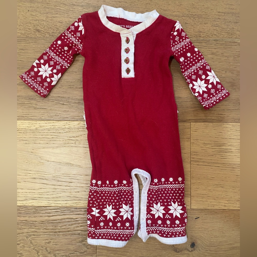 Burt’s Bees organic cotton Red Snowflake Girls Ruffle One Piece 0-3m & 3-6m GUC